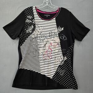 Canda Black White Stripe Shirt Classic Tee Short Sleeve Round Neck Women Size M